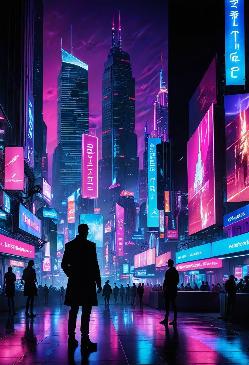 A digital city skyline illuminated by neon lights, blending elements of technology and sensuality, featuring silhouettes of diverse individuals interacting with holographic screens displaying adult entertainment content. Include a futuristic vibe with a hint of mystery, creating a balance between excitement and caution. super-realistic. vibrant colors. cyberpunk.