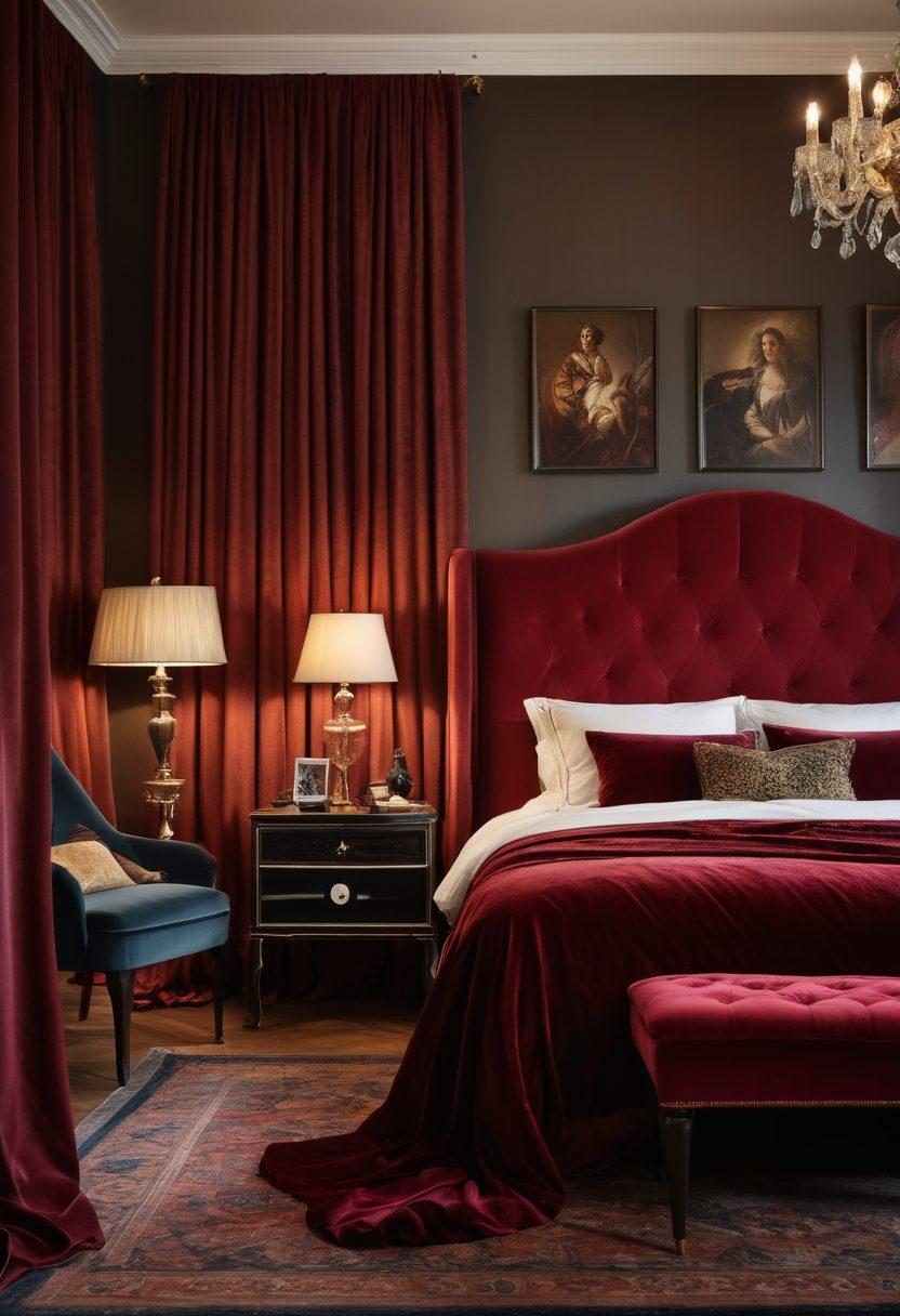 A beautifully lit dimly styled room with rich velvet curtains, where playful shadows dance across a luxurious bed adorned with silk sheets. In the corner, a vintage record player softly spins an alluring tune. Subtle hints of erotic art adorn the walls, and a glass of red wine rests on the bedside table, inviting exploration. The atmosphere exudes intimacy and allure, drawing viewers into a world of desire. super-realistic. warm tones. soft lighting.